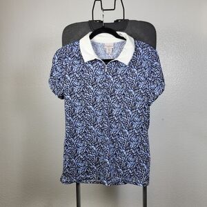 Tommy Bahama Blue And White Leaf Design Fitted Polo Zip Collar Golf Shirt Size M